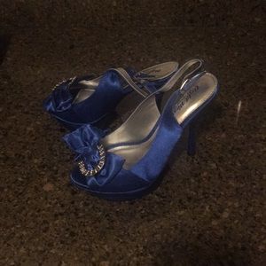 Blue satin platform heels with rhinestone buckle